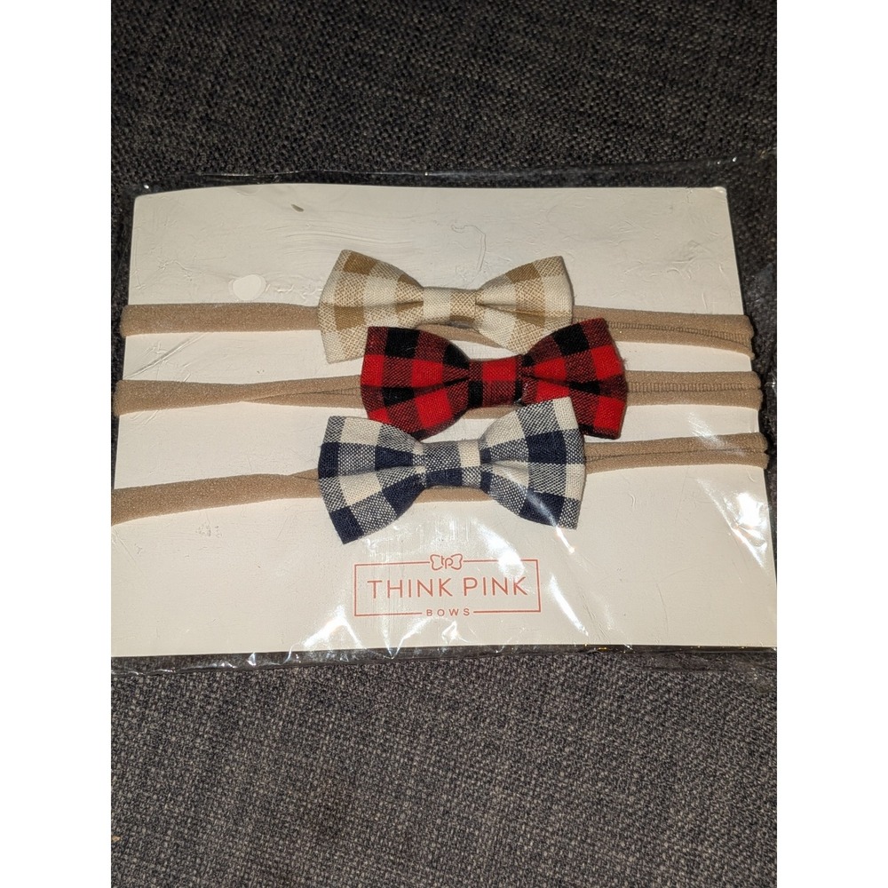 Think‎ Pink Bows Baby Headbands 3-Pack Plaid Bows Soft Newborn Headbands